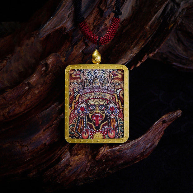 Buddha Stones Tibetan Zakiram Nine-Tailed Fox Yellow God of Wealth Painted Thangka Hope Necklace Pendant Necklaces & Pendants BS Zakiram Red