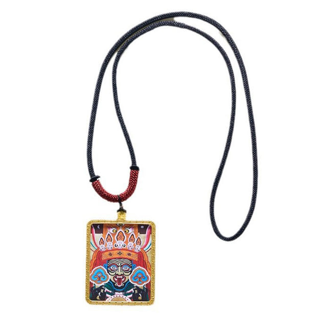 Buddha Stones Tibetan Zakiram Nine-Tailed Fox Yellow God of Wealth Painted Thangka Hope Necklace Pendant Necklaces & Pendants BS 16