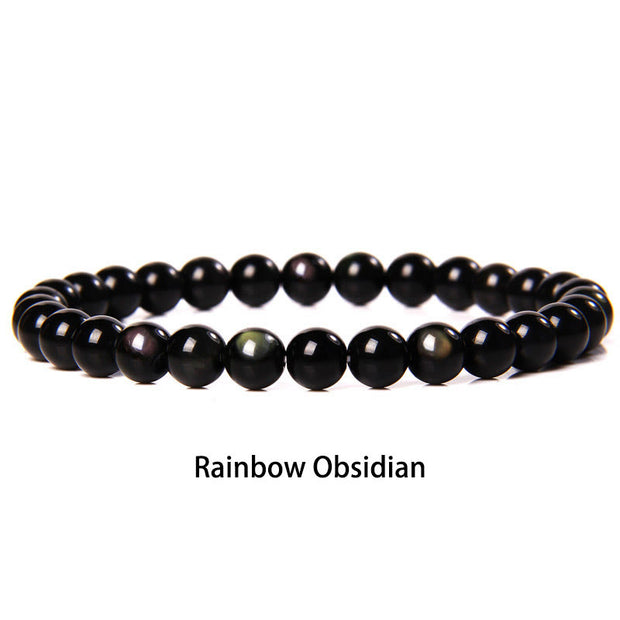 Buddha Stones 6mm Various Stone Crystal Black Glitter Stone Red Tiger Eye Beads Protection Bracelet Bracelet BS Rainbow Obsidian 6mm(Wrist Circumference 14-16cm)