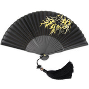 Buddha Stones Black Bamboo Leaf Print Silk Handheld Bamboo Folding Fan Folding Fan BS 2