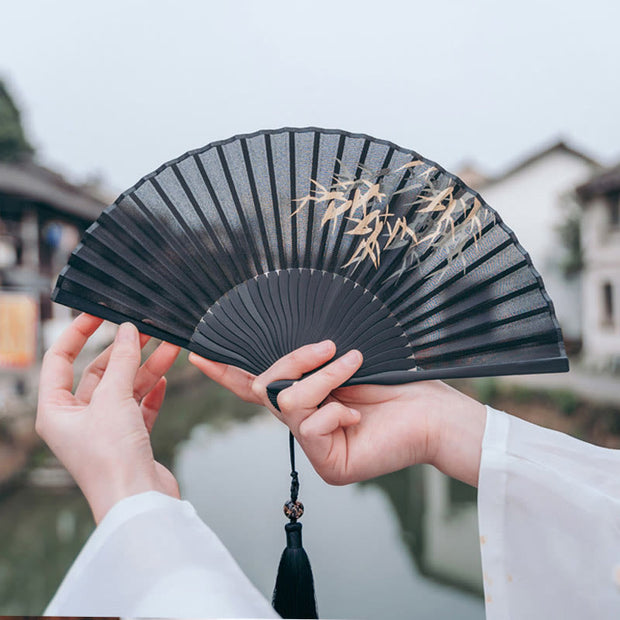 Buddha Stones Black Bamboo Leaf Print Silk Handheld Bamboo Folding Fan Folding Fan BS Banboo 21cm