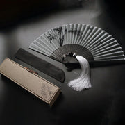 Buddha Stones Ink Bamboo Polyester Handheld Bamboo Folding Fan