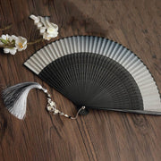 Buddha Stones Ink Gradient Hollow Rib Plum Bossom Tassel Silk Handheld Bamboo Folding Fan Folding Fan BS 3