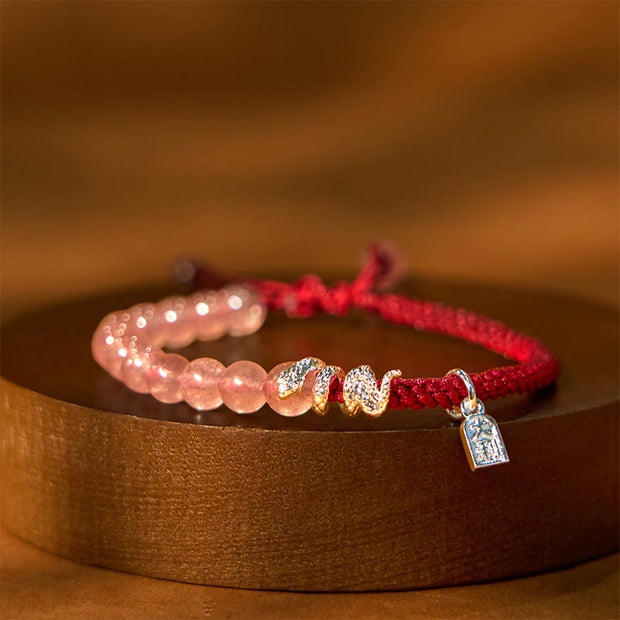 Buddha Stones Natural Strawberry Quartz Silver Sheen Obsidian Year of the Snake String Protection Braided Bracelet