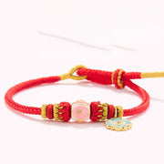 Buddha Stones Red String Gold Plated Copper Peach Blossom Yi Fan Feng Shun Protection Braided Bracelet Bracelet BS 7