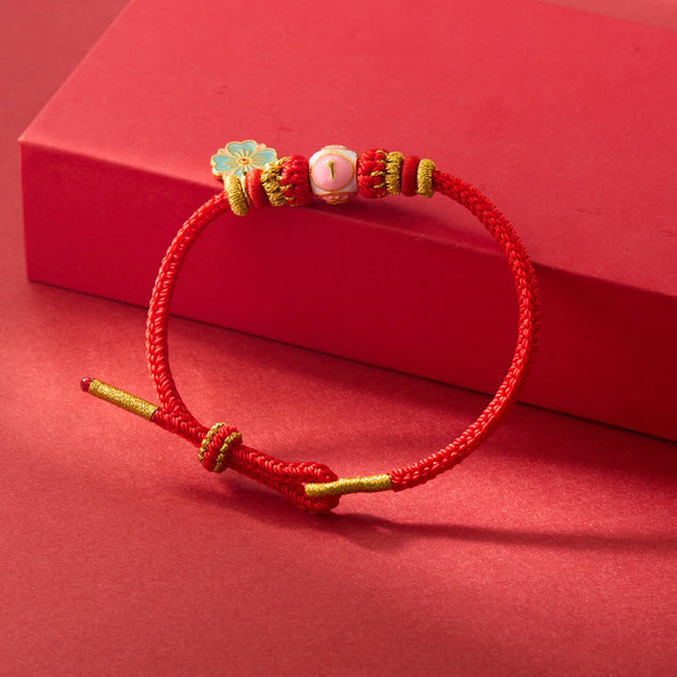 Buddha Stones Red String Gold Plated Copper Peach Blossom Yi Fan Feng Shun Protection Braided Bracelet