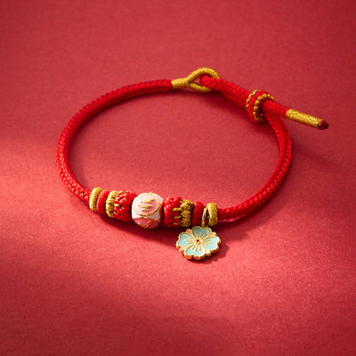 Buddha Stones Red String Gold Plated Copper Peach Blossom Yi Fan Feng Shun Protection Braided Bracelet