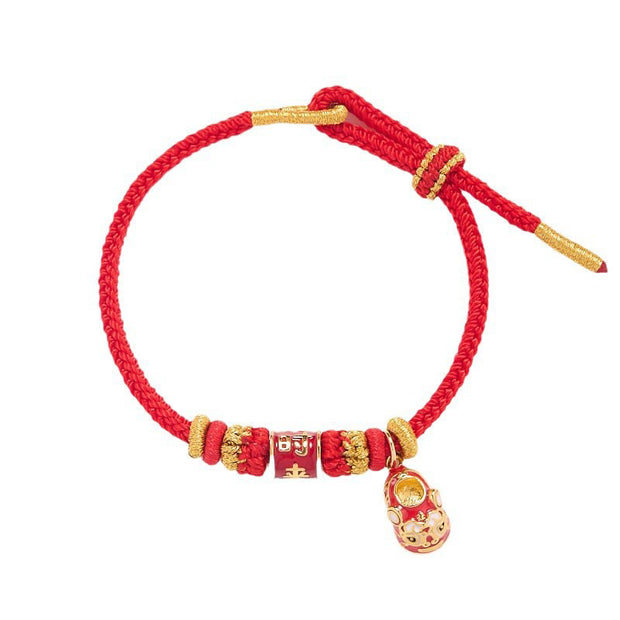 Buddha Stones Red String Gold Plated Copper Shi Lai Yun Zhuan Shoe Pendant Protection Braided Bracelet Bracelet BS 10