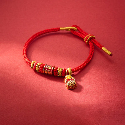 Buddha Stones Red String Gold Plated Copper Shi Lai Yun Zhuan Year Of The Snake Shoe Pendant Protection Braided Bracelet