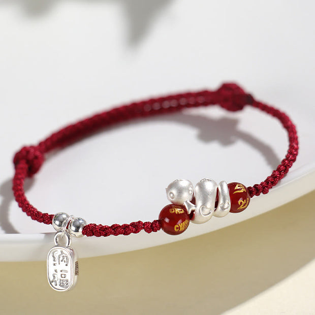 Buddha Stones 999 Sterling Silver Year Of The Snake Red Agate Black Onyx Lucky Fortune Six True Words Happiness Braided Bracelet