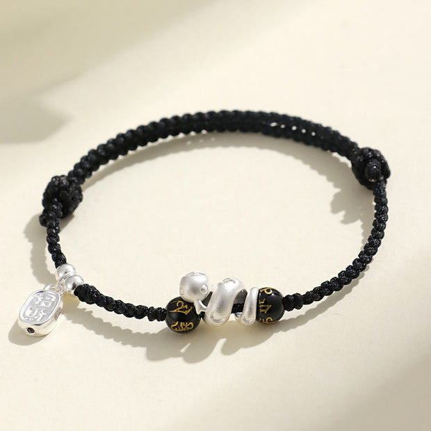 Buddha Stones 999 Sterling Silver Year Of The Snake Red Agate Black Onyx Lucky Fortune Six True Words Happiness Braided Bracelet Bracelet BS Black String 999 Sterling Silver Black Onyx(Wrist Circumference: 15-18cm)