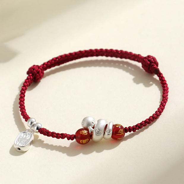 Buddha Stones 999 Sterling Silver Year Of The Snake Red Agate Black Onyx Lucky Fortune Six True Words Happiness Braided Bracelet Bracelet BS DarkRed String 999 Sterling Silver Red Agate(Wrist Circumference: 15-18cm)