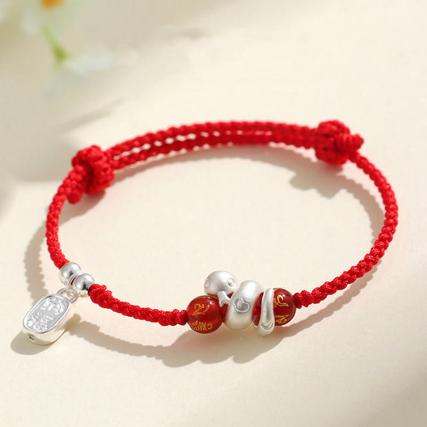 Buddha Stones 999 Sterling Silver Year Of The Snake Red Agate Black Onyx Lucky Fortune Six True Words Happiness Braided Bracelet Bracelet BS Red String 999 Sterling Silver Red Agate(Wrist Circumference: 15-18cm)