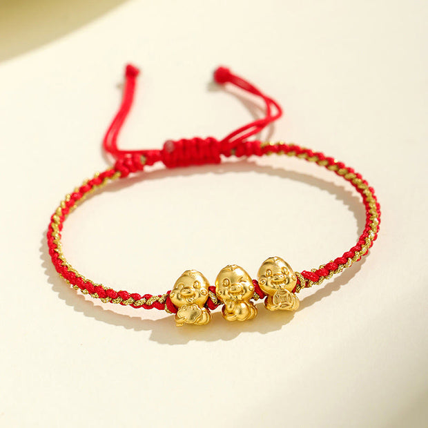 Buddha Stones Handmade 999 Sterling Silver Golden Year Of Snake Fu Auspicious Clouds Ingot Copper Coins Red String Fortune Braided Bracelet