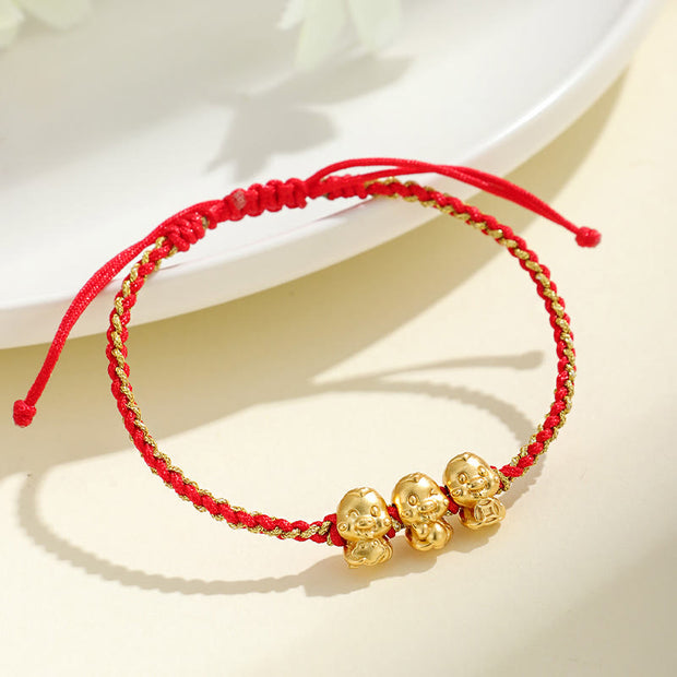 Buddha Stones Handmade 999 Sterling Silver Golden Year Of Snake Fu Auspicious Clouds Ingot Copper Coins Red String Fortune Braided Bracelet Bracelet BS 999 Sterling Silver Golden Three Snakes(Wrist Circumference: 15-18cm)