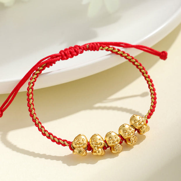 Buddha Stones Handmade 999 Sterling Silver Golden Year Of Snake Fu Auspicious Clouds Ingot Copper Coins Red String Fortune Braided Bracelet Bracelet BS 12