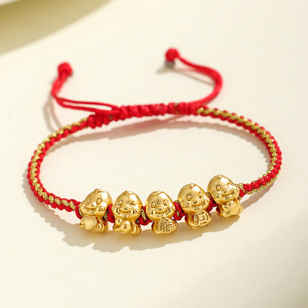 Buddha Stones Handmade 999 Sterling Silver Golden Year Of Snake Fu Auspicious Clouds Ingot Copper Coins Red String Fortune Braided Bracelet Bracelet BS 999 Sterling Silver Golden Five Snakes(Wrist Circumference: 15-18cm)