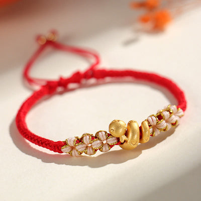 Buddha Stones Handmade 999 Sterling Silver Year Of The Snake Red String Heart Peach Blossom Luck Bracelet Bracelet BS Red String 999 Sterling Silver(Wrist Circumference: 15-18cm)