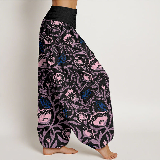 Buddha Stones Casual Tulips Flower Vines Design Women's Elastic Waist Harem Pants Women's Harem Pants BS 2