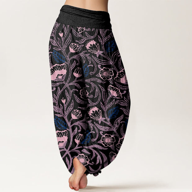 Buddha Stones Casual Tulips Flower Vines Design Women's Elastic Waist Harem Pants Women's Harem Pants BS 1