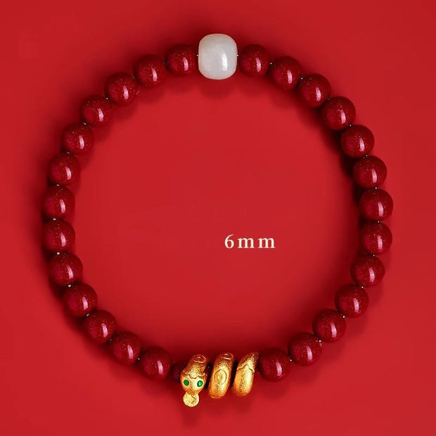 Buddha Stones Cinnabar Bead Hetian Jade Year Of The Snake Blessing Bracelet Bracelet BS 6mm Cinnabar Hetian Jade Snake(Wrist Circumference: 15cm)