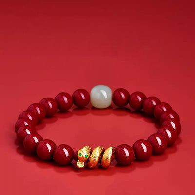 Buddha Stones Cinnabar Bead Hetian Jade Year Of The Snake Blessing Bracelet Bracelet BS 8mm Cinnabar Hetian Jade Snake(Wrist Circumference: 15cm)