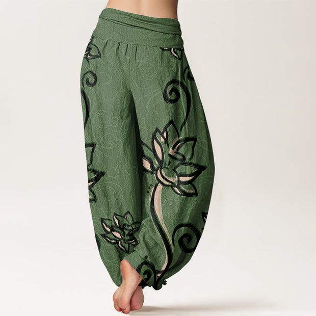 Buddha Stones Casual Lotus Auspicious Clouds Design Women's Elastic Waist Harem Pants Women's Harem Pants BS 1