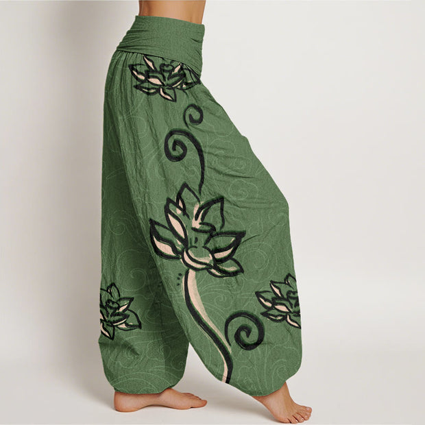 Buddha Stones Casual Lotus Auspicious Clouds Design Women's Elastic Waist Harem Pants Women's Harem Pants BS 2