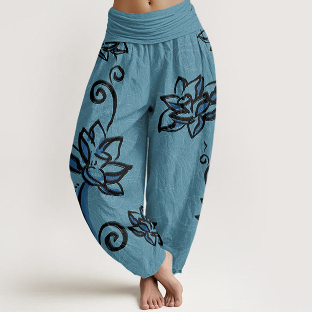 Buddha Stones Casual Lotus Auspicious Clouds Design Women's Elastic Waist Harem Pants Women's Harem Pants BS MediumTurquoise US22，UK/AU26，EU54 (6XL)