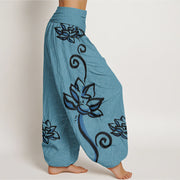 Buddha Stones Casual Lotus Auspicious Clouds Design Women's Elastic Waist Harem Pants Women's Harem Pants BS 6