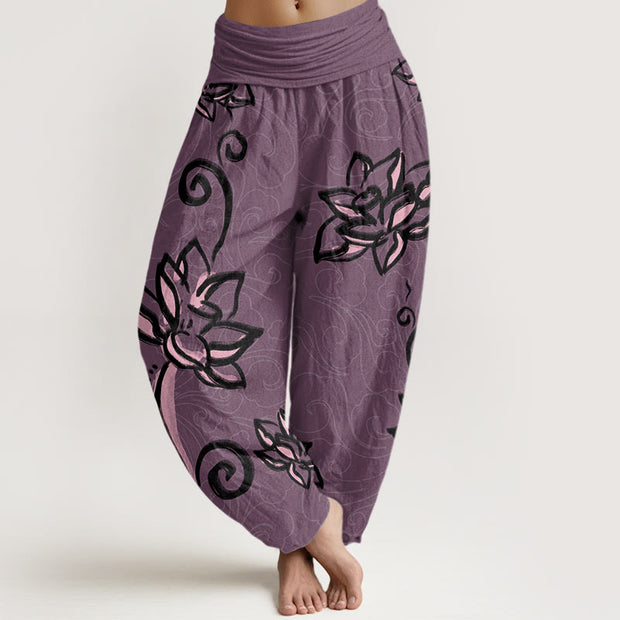 Buddha Stones Casual Lotus Auspicious Clouds Design Women's Elastic Waist Harem Pants Women's Harem Pants BS DarkMagenta US22，UK/AU26，EU54 (6XL)