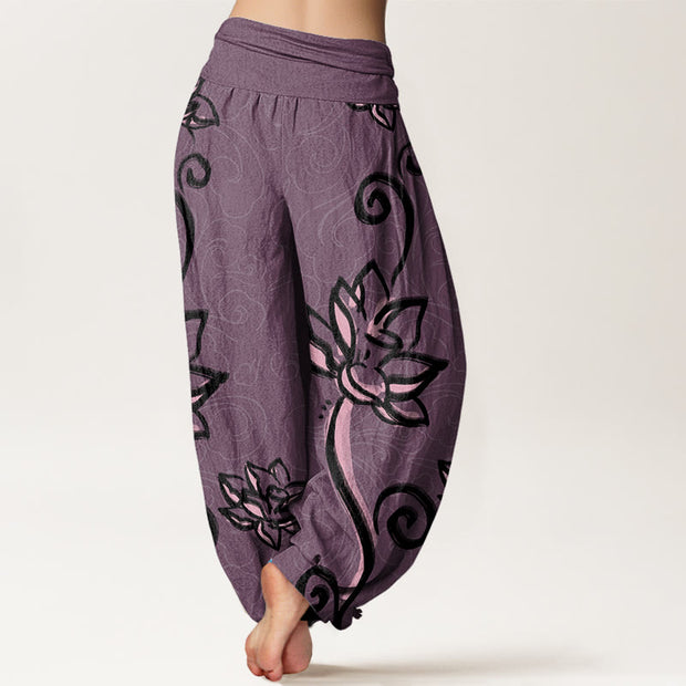 Buddha Stones Casual Lotus Auspicious Clouds Design Women's Elastic Waist Harem Pants Women's Harem Pants BS 8