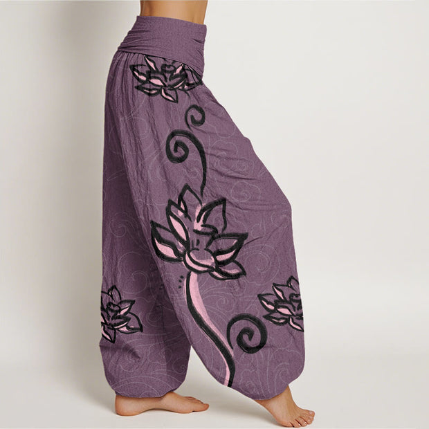 Buddha Stones Casual Lotus Auspicious Clouds Design Women's Elastic Waist Harem Pants Women's Harem Pants BS 9