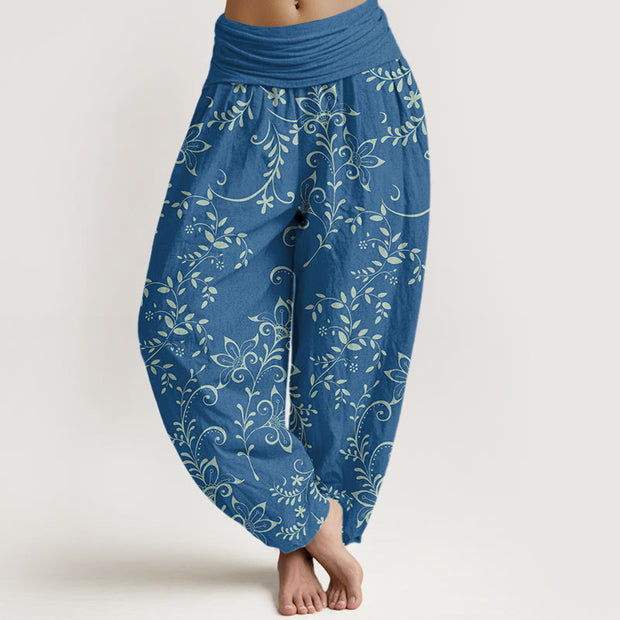 Buddha Stones Casual Flowers Vine Design Women's Elastic Waist Harem Pants