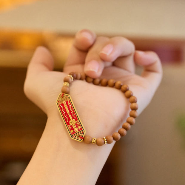 Buddha Stones Sandalwood Wood Bead Gold Plated Copper Bagua Yin Yang Chinese Character Harmony Bracelet