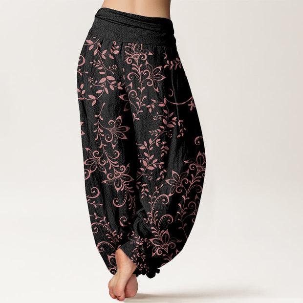 Buddha Stones Casual Flowers Vine Design Women's Elastic Waist Harem Pants