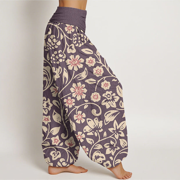 Buddha Stones Casual Beige Pink Flowers Grapes Design Women's Elastic Waist Harem Pants Women's Harem Pants BS 6