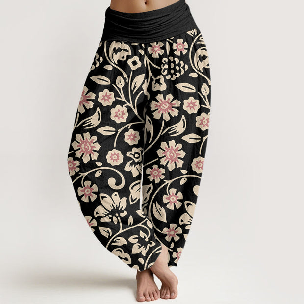 Buddha Stones Casual Beige Pink Flowers Grapes Design Women's Elastic Waist Harem Pants Women's Harem Pants BS Black US22，UK/AU26，EU54 (6XL)