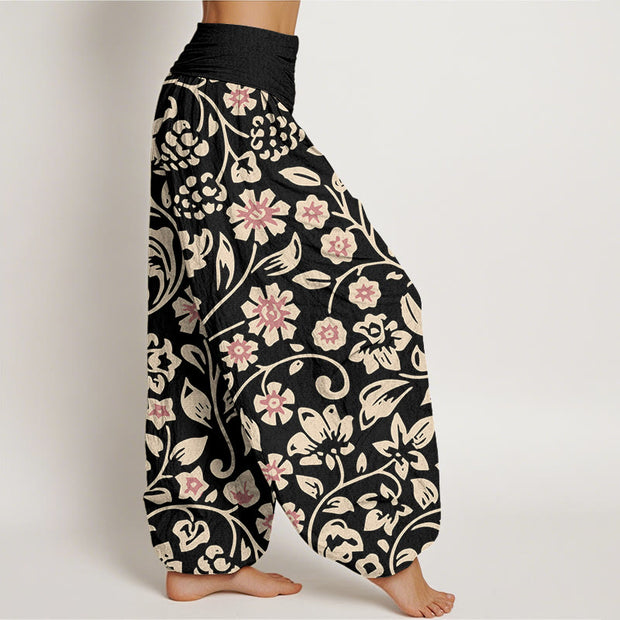 Buddha Stones Casual Beige Pink Flowers Grapes Design Women's Elastic Waist Harem Pants Women's Harem Pants BS 9