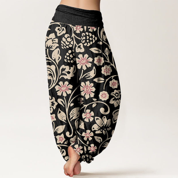 Buddha Stones Casual Beige Pink Flowers Grapes Design Women's Elastic Waist Harem Pants Women's Harem Pants BS 8