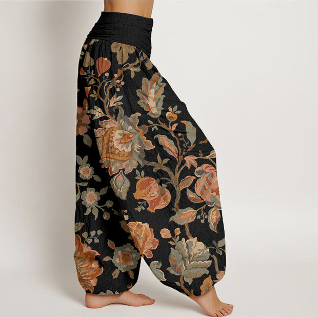 Buddha Stones Casual Blooming Flowers Buds Design Women's Elastic Waist Harem Pants Women's Harem Pants BS 2