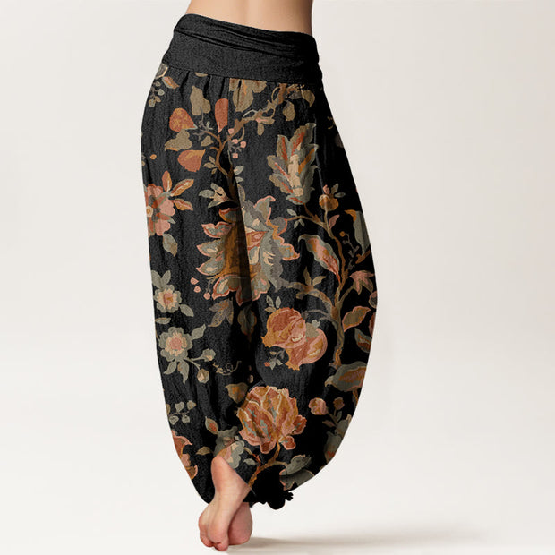 Buddha Stones Casual Blooming Flowers Buds Design Women's Elastic Waist Harem Pants Women's Harem Pants BS 1