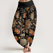 Buddha Stones Casual Blooming Flowers Buds Design Women's Elastic Waist Harem Pants Women's Harem Pants BS Black US22，UK/AU26，EU54 (6XL)