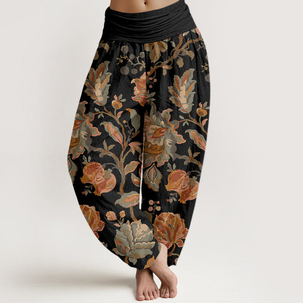 Buddha Stones Casual Blooming Flowers Buds Design Women's Elastic Waist Harem Pants - Black - US22，UK/AU26，EU54 (6XL) - image 1