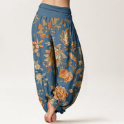 Buddha Stones Casual Blooming Flowers Buds Design Women's Elastic Waist Harem Pants Women's Harem Pants BS 8