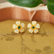 Buddha Stones 925 Sterling Silver Gold Hetian Jade Green Chalcedony Peach Blossom Luck Earrings