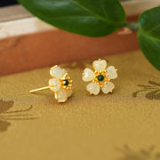 Buddha Stones 925 Sterling Silver Gold Hetian Jade Green Chalcedony Peach Blossom Luck Earrings