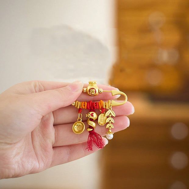 Buddha Stones Copper Year Of The Snake Tassels String Spike Fu Bowl Lucky Fortune Bag Brooch Brooch BS 4