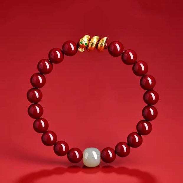 Buddha Stones Cinnabar Bead Hetian Jade Year Of The Snake Blessing Bracelet