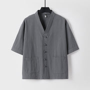 Buddha Stones Casual Plain Color Three Quarter Sleeve Front Button Cotton Linen Men's Shirt With Pockets